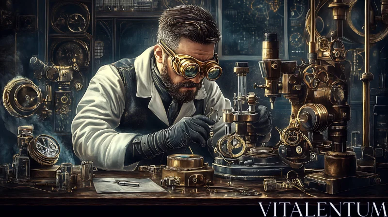 Man with Goggles Repairing Steampunk Machine AI Image