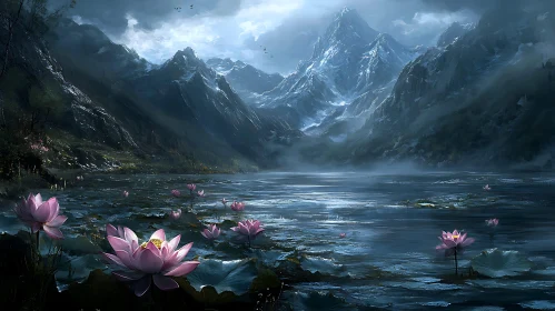 Lotus Flowers in Mountain Lake Reflection