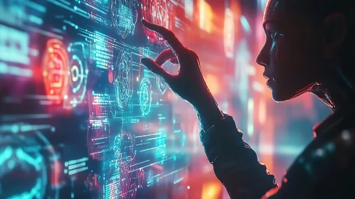 Woman and Neon Data Screen