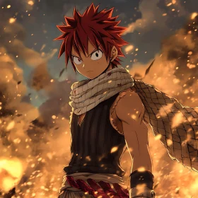 Intense Anime Hero in Fiery Backdrop