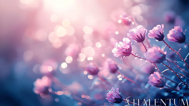 Dreamy Close-Up of Pink Flowers with Dewdrops AI Image