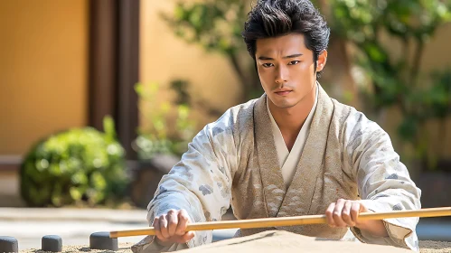 Peaceful Man in Kimono Raking Sand