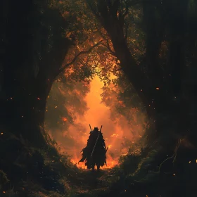 Silhouette of Warrior in Glowing Forest