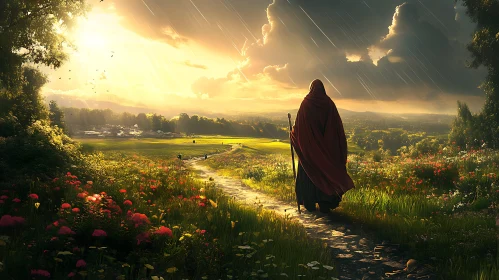 Cloaked Figure in a Sunny Landscape