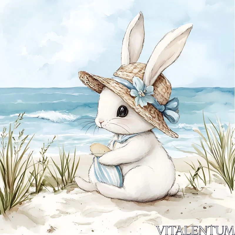 Whimsical Beach Bunny Art Print AI Image