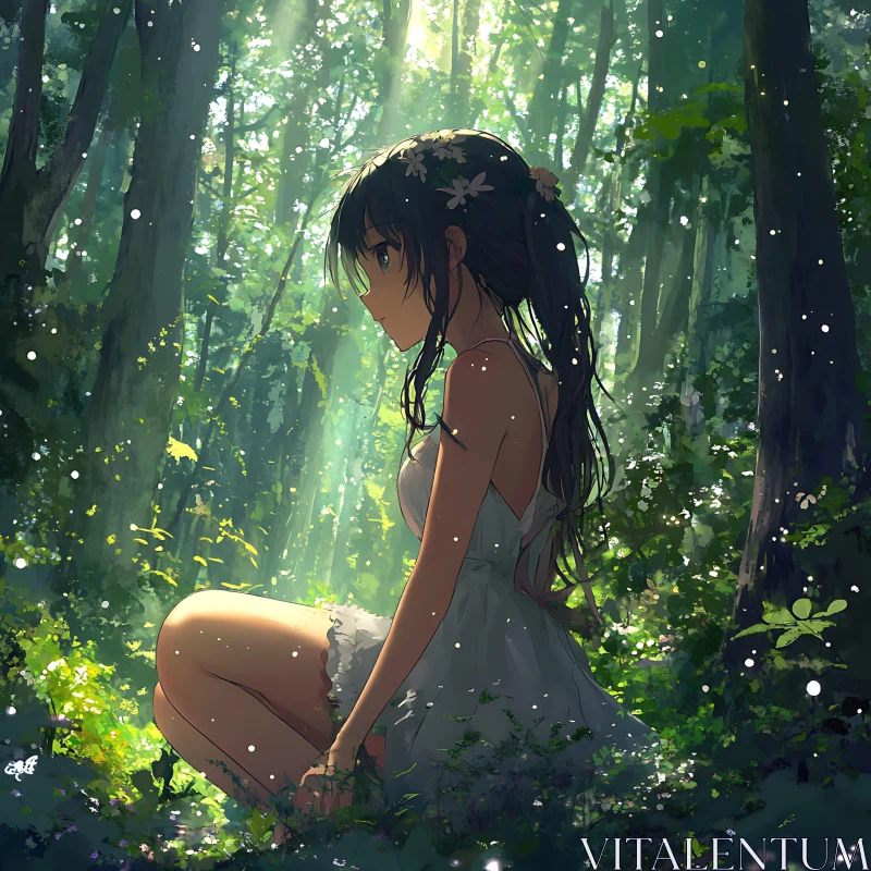 Tranquil Anime Girl in Lush Forest AI Image