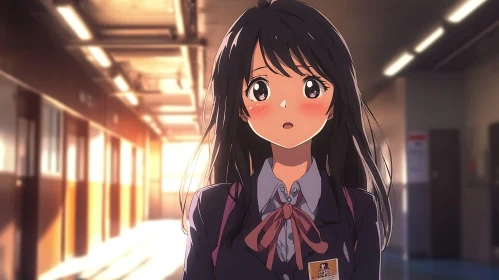 Surprised Anime Schoolgirl in Sunlit Corridor