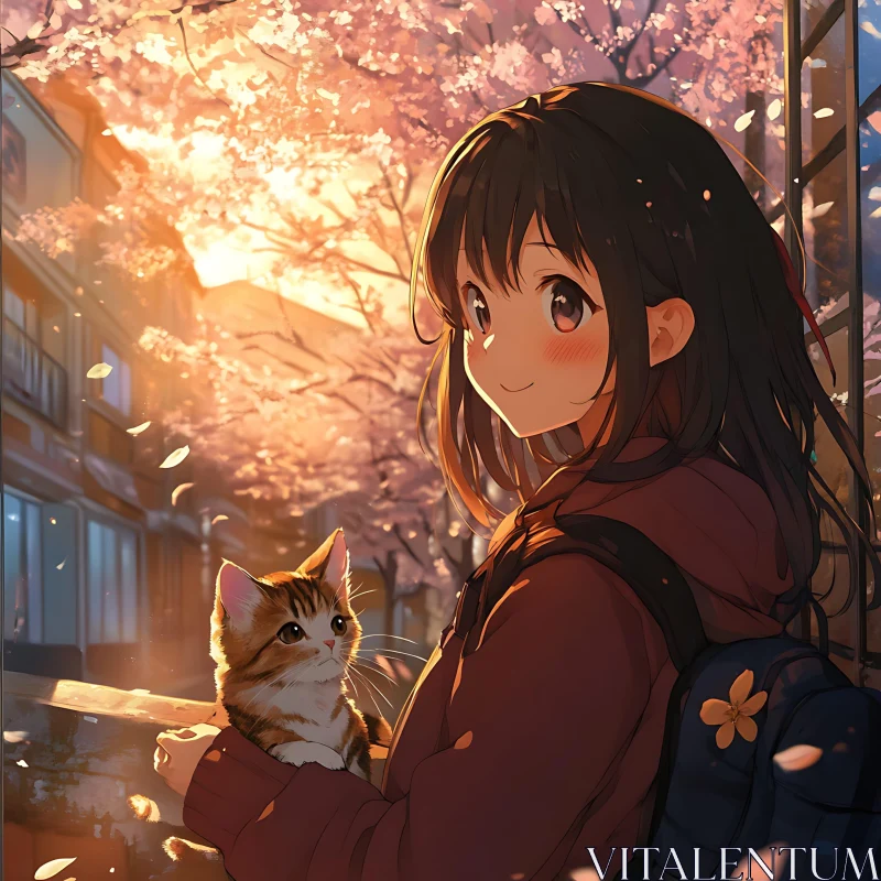 Tender Anime Scene with Cherry Blossoms AI Image