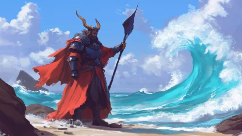 Fantasy Warrior with Spear by the Sea