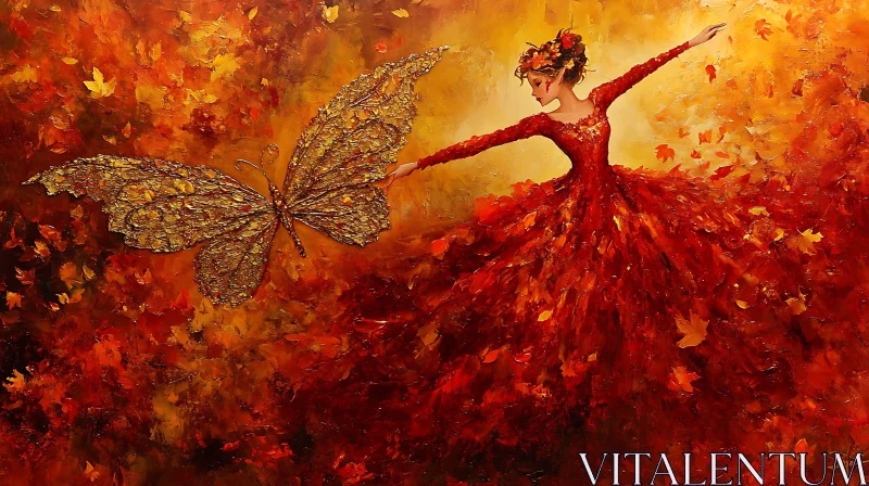 Lady in Red with Butterfly AI Image