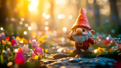 Whimsical Gnome Among Flowers