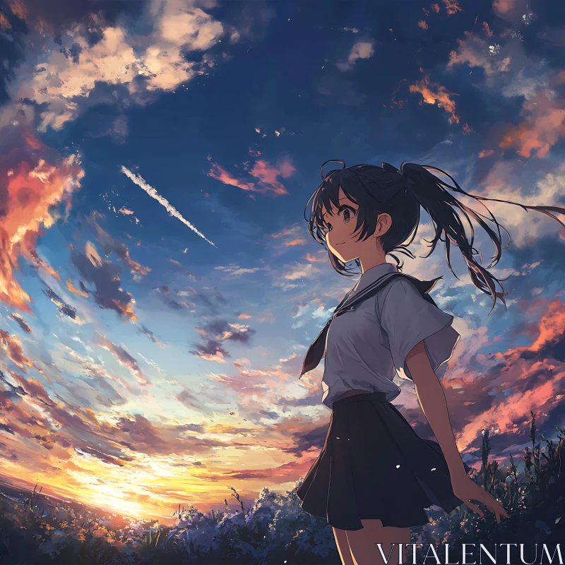 Serene Sunset With Anime Girl AI Image