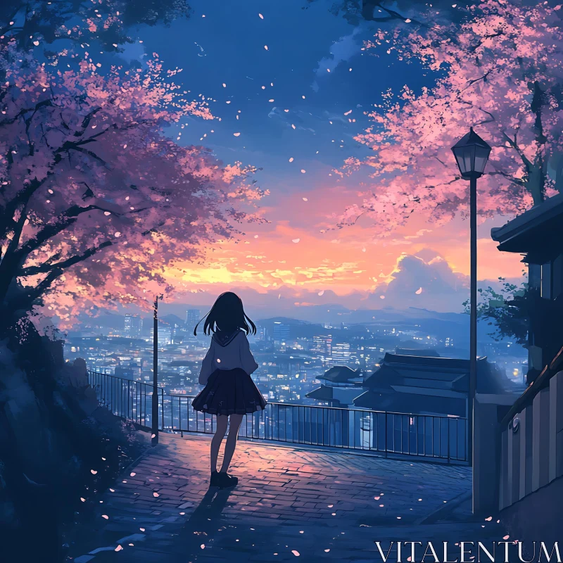 Serene Anime Evening with Cherry Blossoms and City Lights AI Image