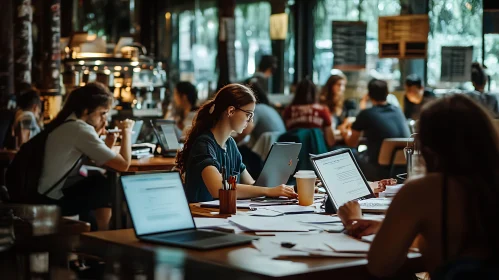 Busy Cafe Scene with People Working