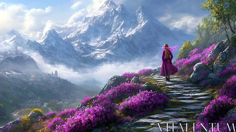 Mountain Trail with Purple Flowers AI Image