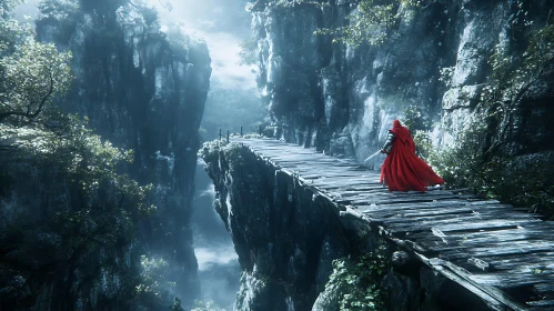 Red Cloak Warrior Crossing Cliff Bridge