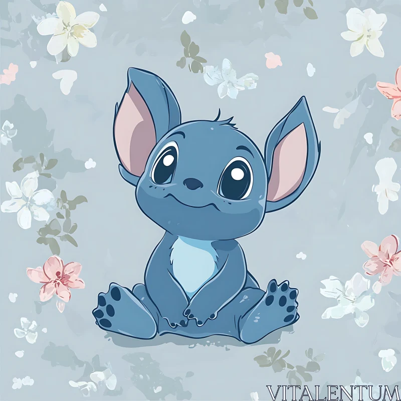 Cute Blue Cartoon Character in Floral Setting AI Image