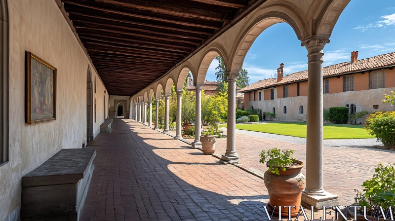 Historic Courtyard with Arched Walkway AI Image