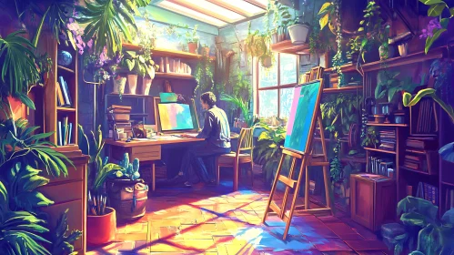 Artist in a Plant-Filled Studio