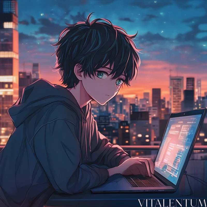 Tech-Savvy Anime Character at Dusk AI Image