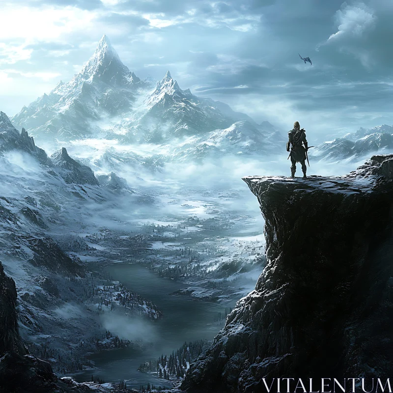 Mountains Landscape with Warrior on Cliff AI Image