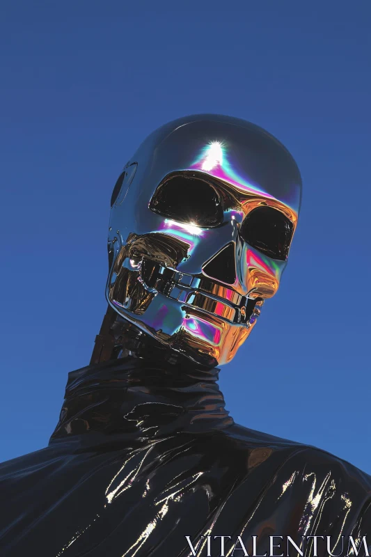 AI ART Chrome Skull Cyborg Against Blue Sky