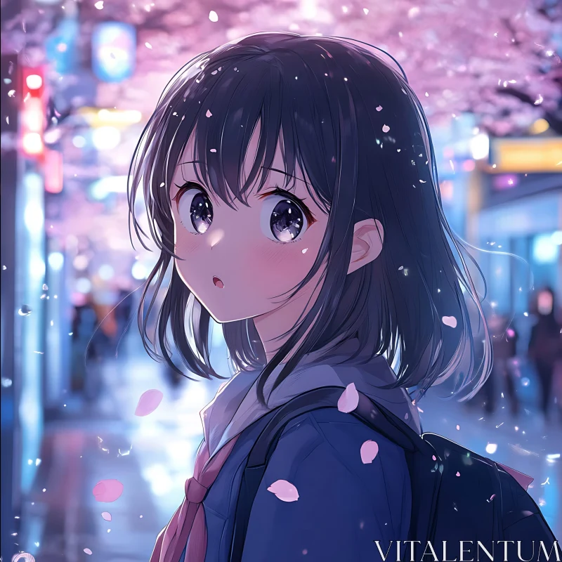 Anime Girl in Cherry Blossom Street AI Image