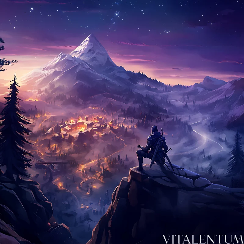 Warrior's Night Watch Over Fantasy Landscape AI Image