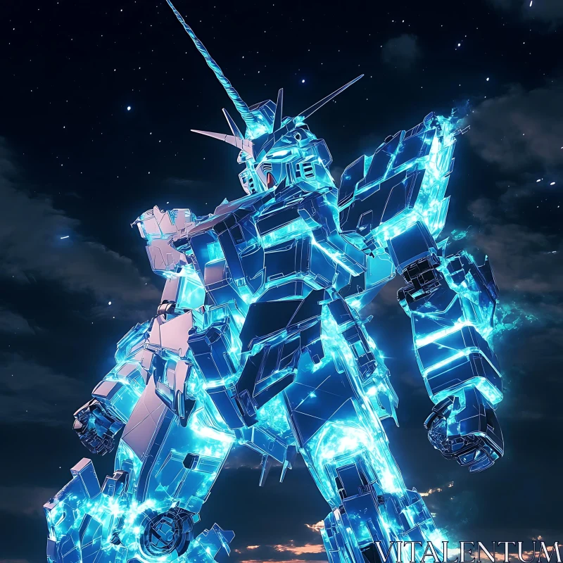 Illuminated Mechanical Giant Amidst Stars AI Image