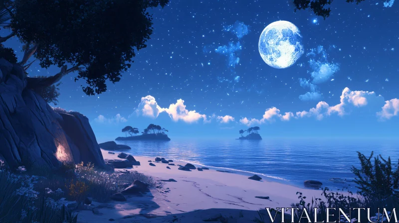 AI ART Tranquil Ocean Under Moonlight with Starry Sky