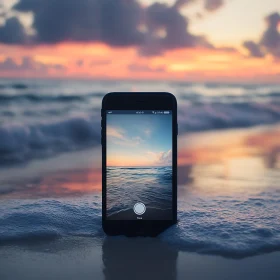 Ocean View on Mobile Device at Sunset