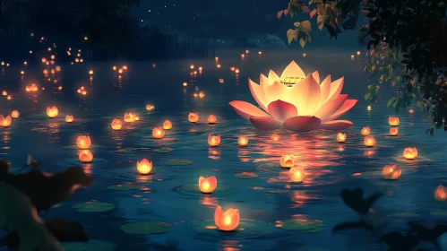 Serene Nighttime Lotus and Candle Display