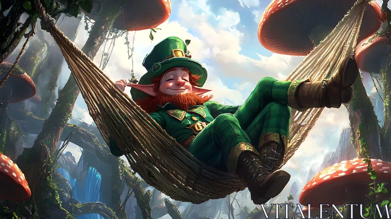 AI ART Whimsical Leprechaun in Mushroom Hammock