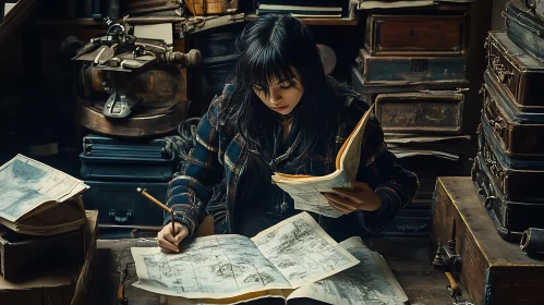 Woman Studying Old Maps in a Room