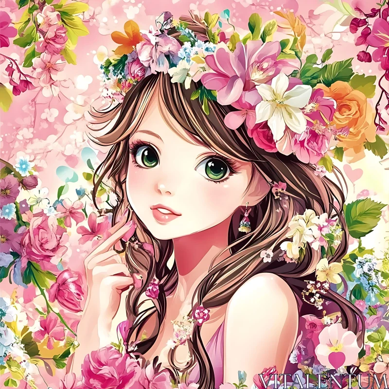 Anime Girl with Blooming Flower Crown AI Image