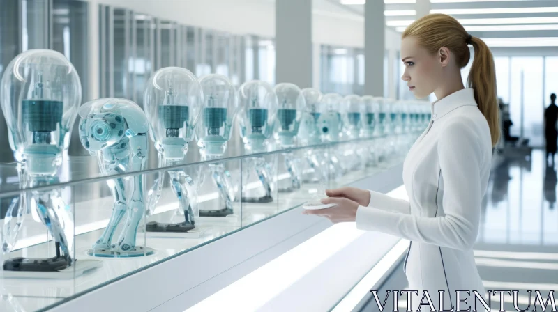 AI ART Woman in White Dress in Futuristic Robot-Themed Scene