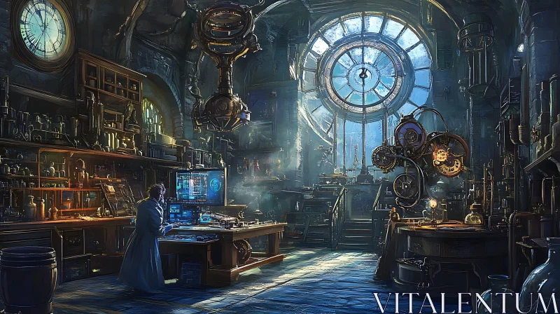 Clockwork Science: A Steampunk Laboratory Scene AI Image