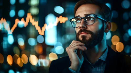 Pensive Investor with Financial Chart Overlay