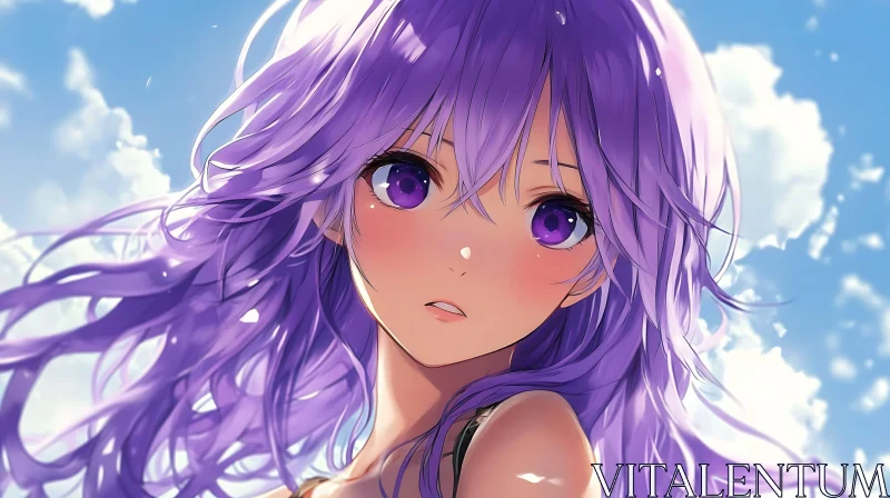 Anime Art: Purple-Haired Girl Under the Sky AI Image