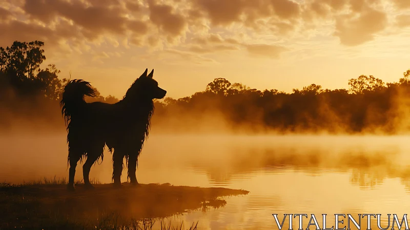 Dog Silhouette During Sunrise by a Lake AI Image