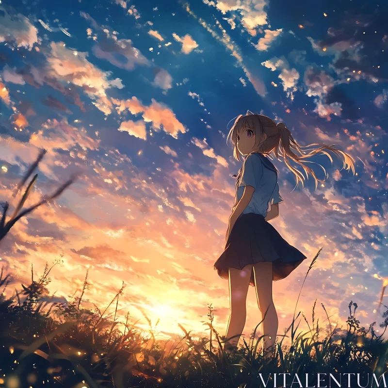 Field Sunset Anime Scene AI Image