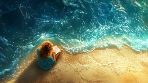 Woman Reading Book on Sandy Shore
