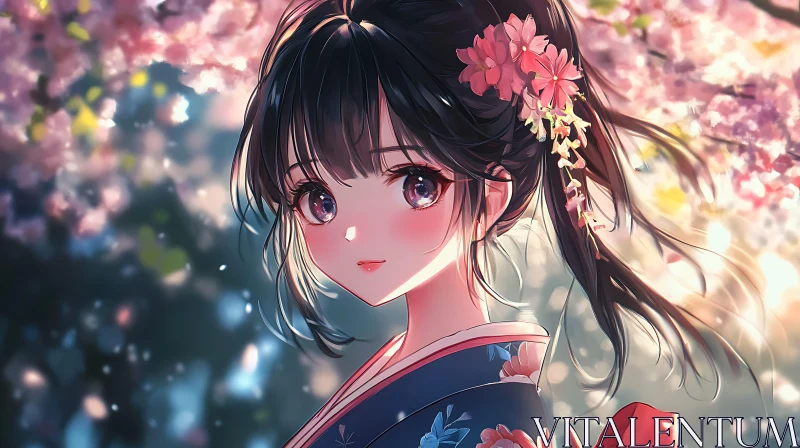 AI ART Anime Girl in Kimono with Cherry Blossoms