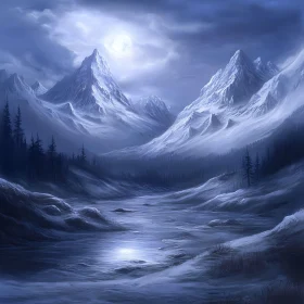 Snowy Peaks Under Moonlit Sky