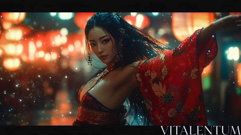 AI ART Red Kimono Woman in Glowing Lights