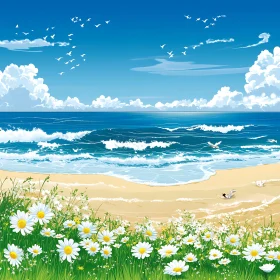 Seaside View with Flowers and Birds