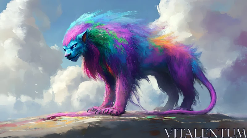 Majestic Multicolor Lion on Cloudy Peak AI Image