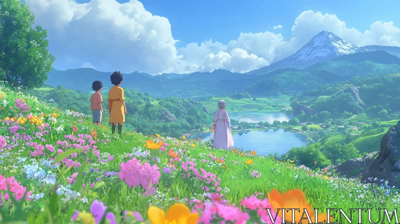 Animated Landscape with Vibrant Meadow and Majestic Mountains AI Image