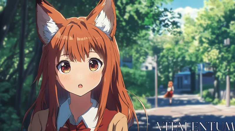 Fox-Eared Anime Girl in Nature AI Image