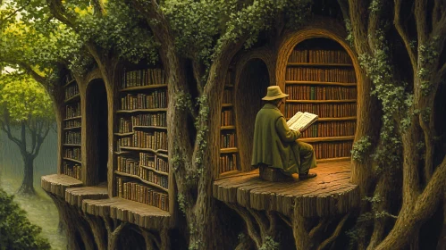 Man Reading in Forest Library